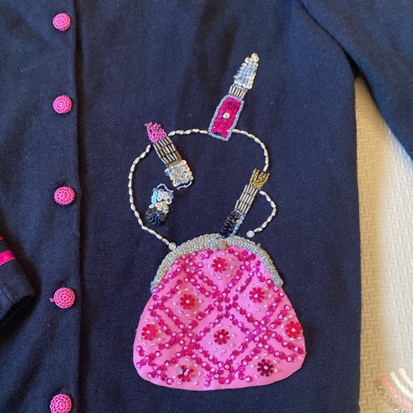 Michael Simon Y2K Cardigan Embroidered Beaded Makeup and Purse Sweater - Picture 2 of 7